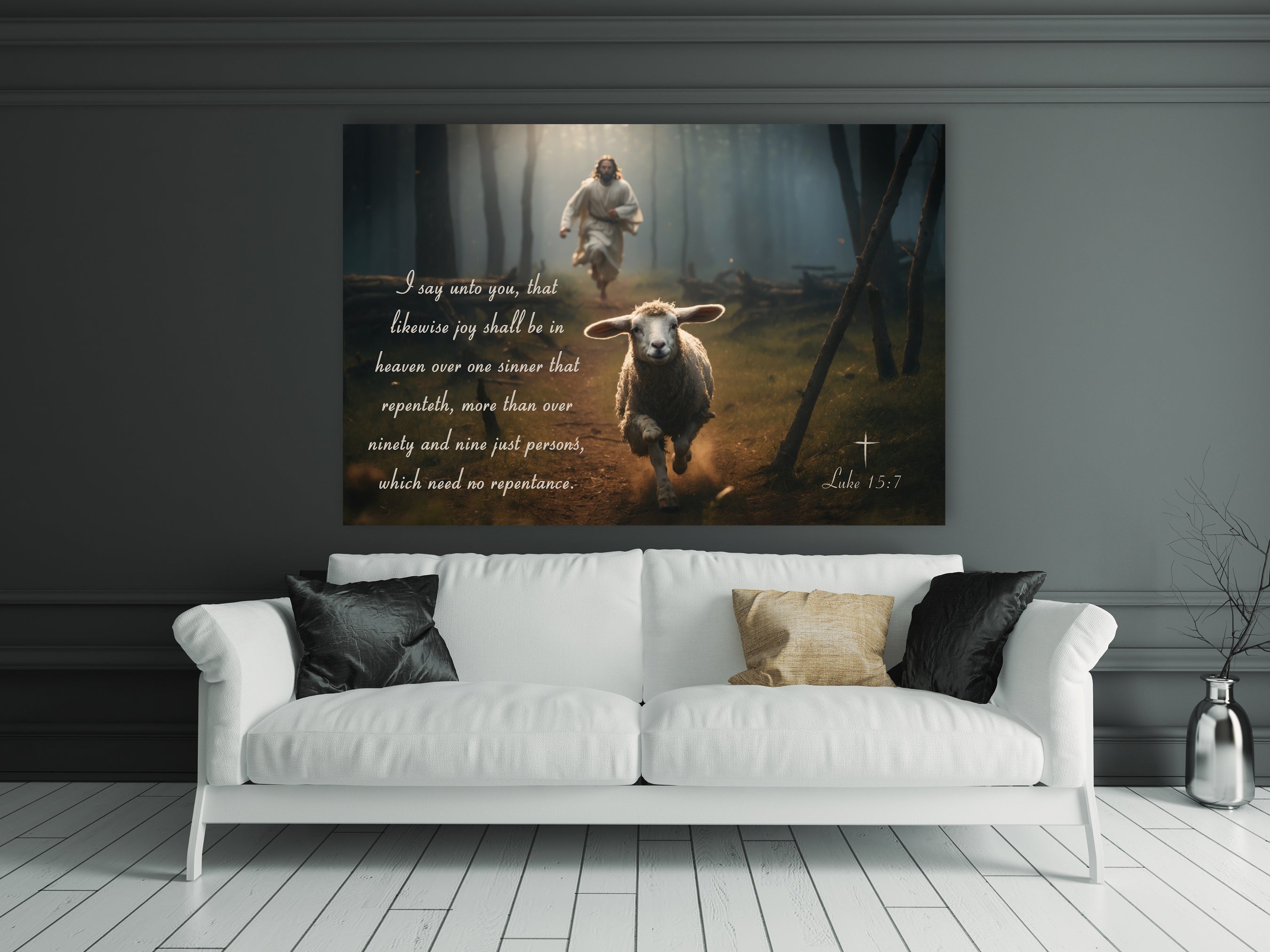 Scripture Wall Art - Luke 15:7 - Jesus Chasing Lamb – Bible Verse Wall Art